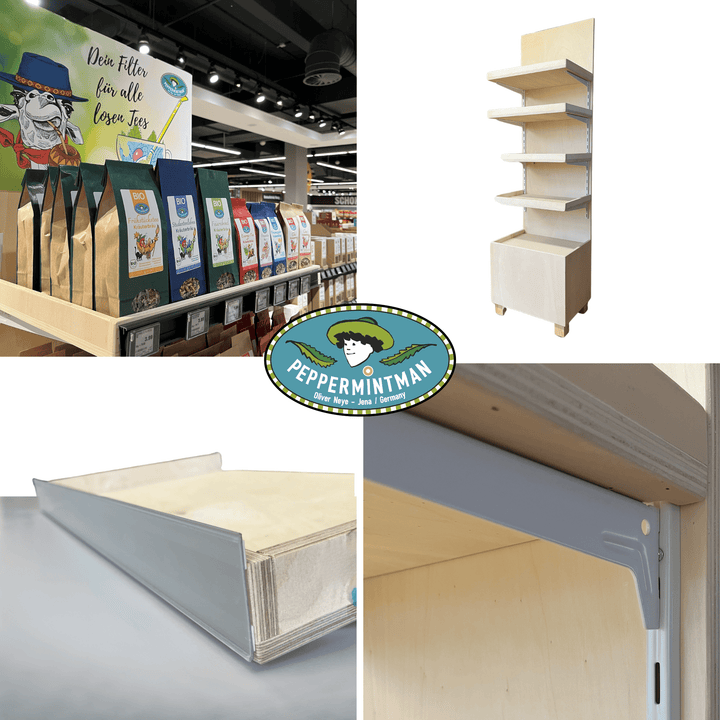 Produktaufsteller, Warendisplay- Bodenaufsteller - Holz massiv, variable Böden