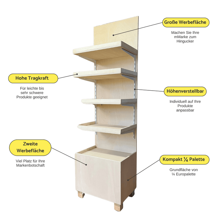 Produktaufsteller, Warendisplay- Bodenaufsteller - Holz massiv, variable Böden