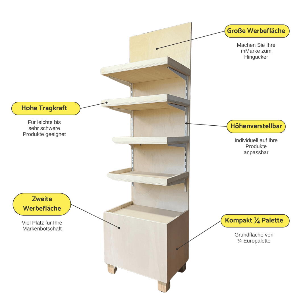 Produktaufsteller, Warendisplay- Bodenaufsteller - Holz massiv, variable Böden