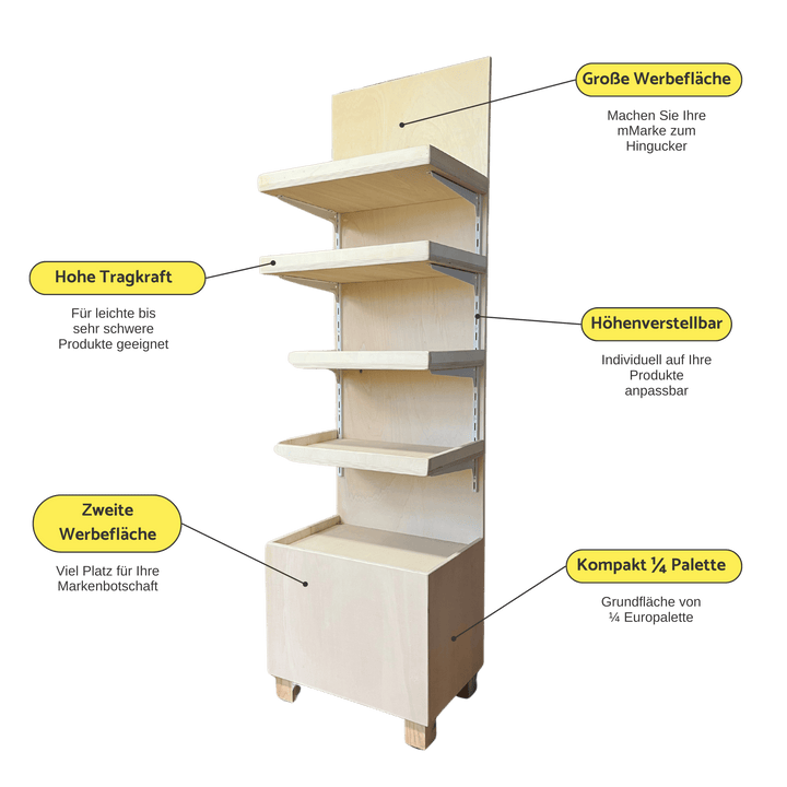 Produktaufsteller, Warendisplay- Bodenaufsteller - Holz massiv, variable Böden