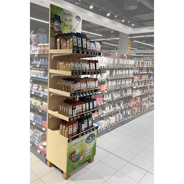 Produktaufsteller, Warendisplay- Bodenaufsteller - Holz massiv, variable Böden